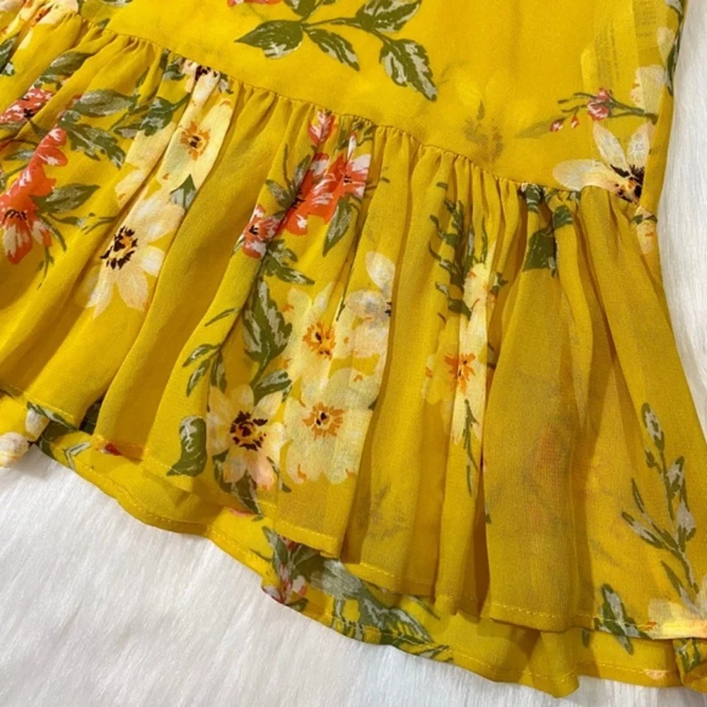 Zara Boho Blouse Oversized Floral Sheer Chiffon Yellow Top V-neck - Picture 6 of 10